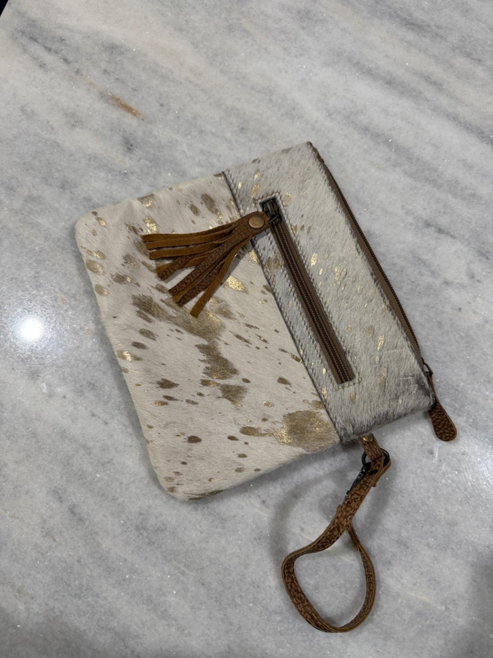 Myra Bag Gold-Flecked Cowhide Wristlet in Cream and Brown